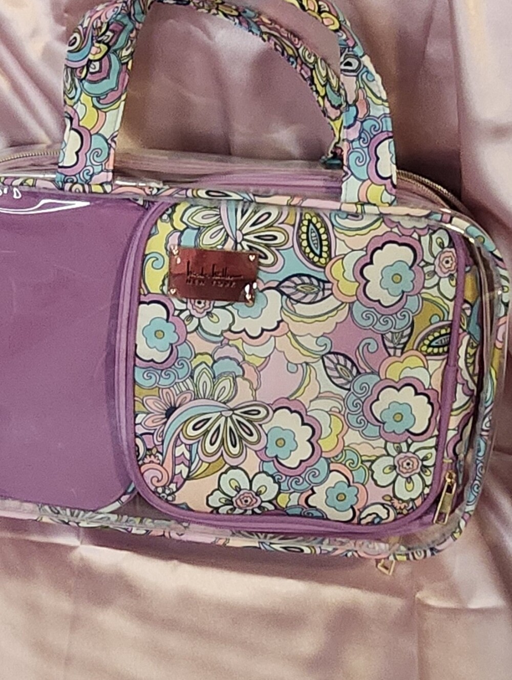 Nicole Miller Floral Pink Travel Cosmetic Bag with Clear Panel